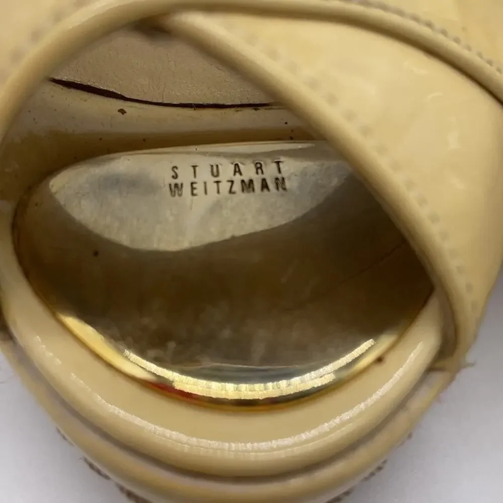 Stuart Weitzman Patent Leather Tan Wedge Slingback Heels Peep Toe Size 8 - Picture 4 of 14